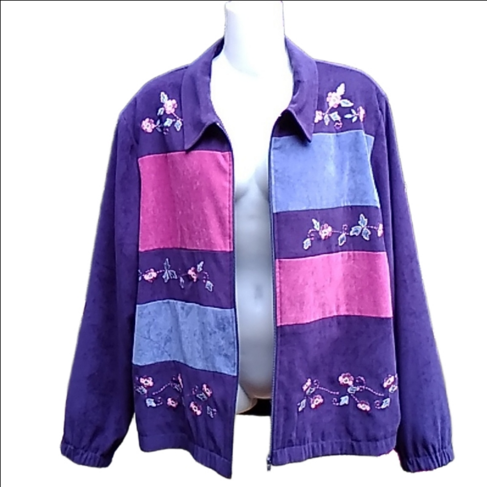 TanJay Navy Colour Block Floral Embroidered Faux Suede Jacket Shell Size 16 - Picture 9 of 13